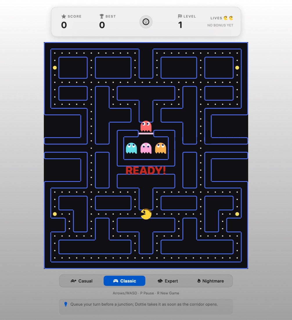 Dottie in its Modern theme at the ready screen, with the maze and four pursuers visible