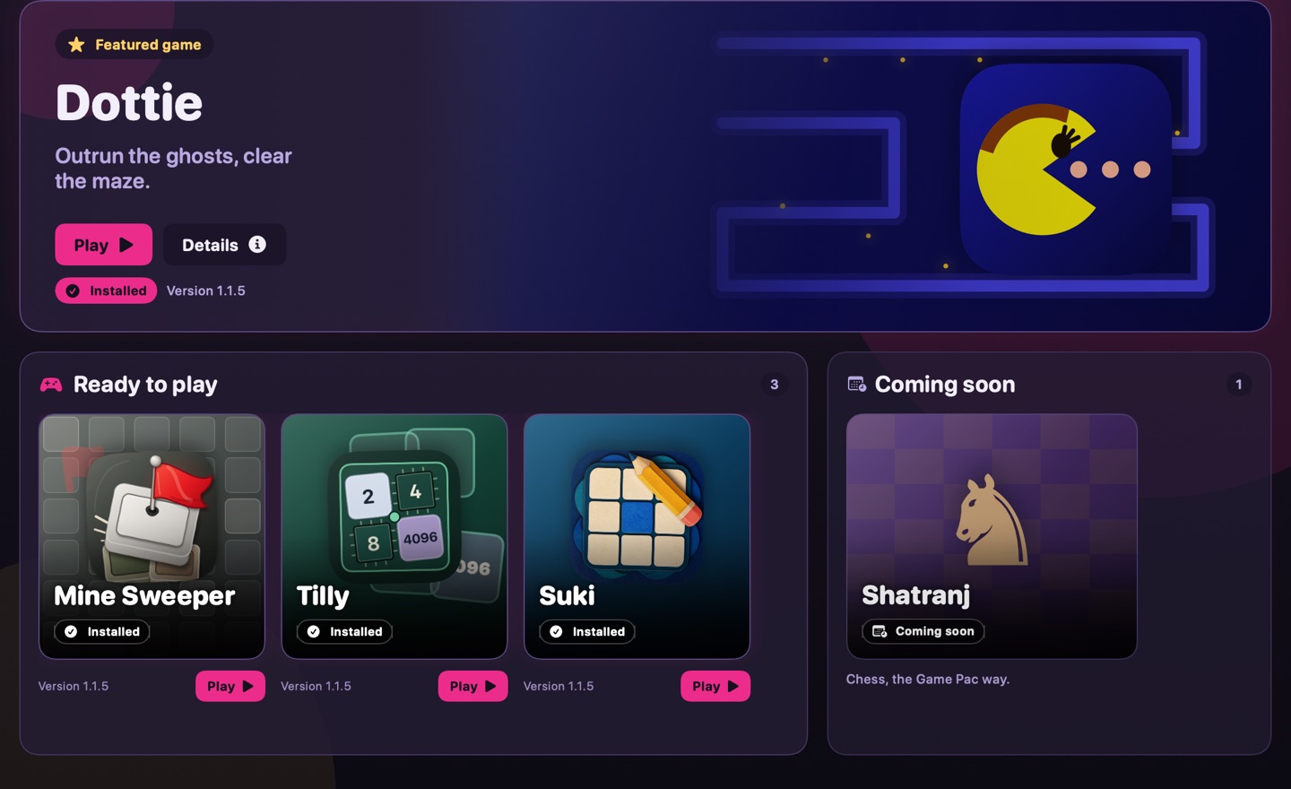Game Pac in the ARCADE theme, with Dottie featured, Mine Sweeper, Tilly and Suki ready to play, and Shatranj marked coming soon