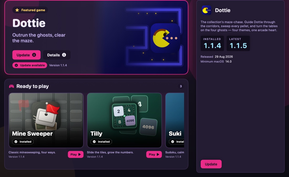 ARCADE detail preview for Dottie, showing its description, installed and latest versions, minimum macOS version, and an Update action