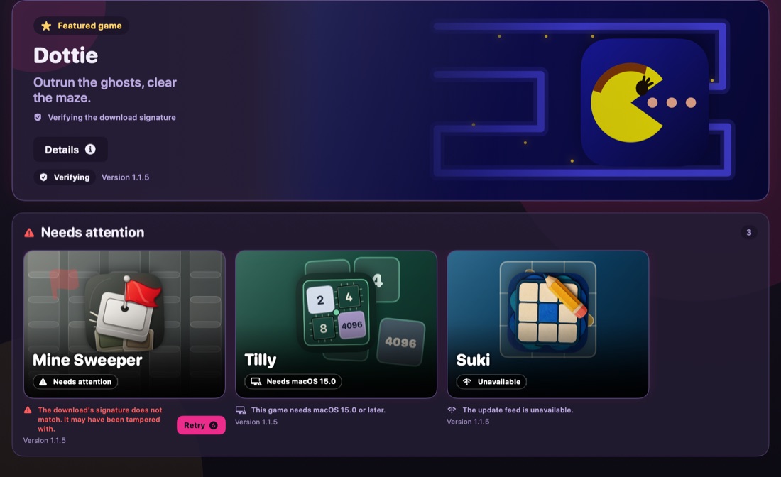 ARCADE status preview: Dottie verifying a download, Mine Sweeper showing a verification failure with Retry, Tilly showing a system requirement, and Suki showing an unavailable update feed