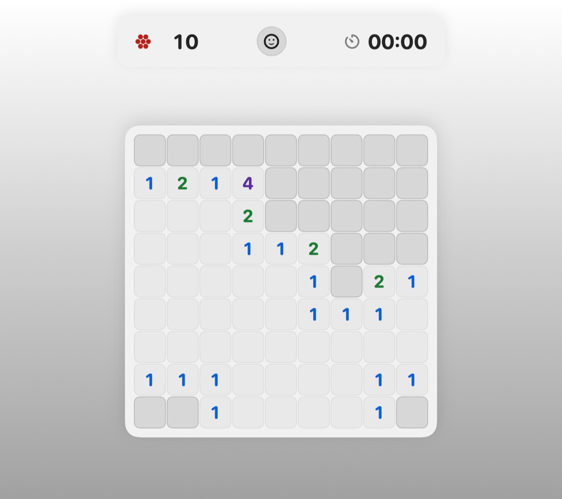 Mine Sweeper in its Modern theme, showing a partly revealed board after a first cascade