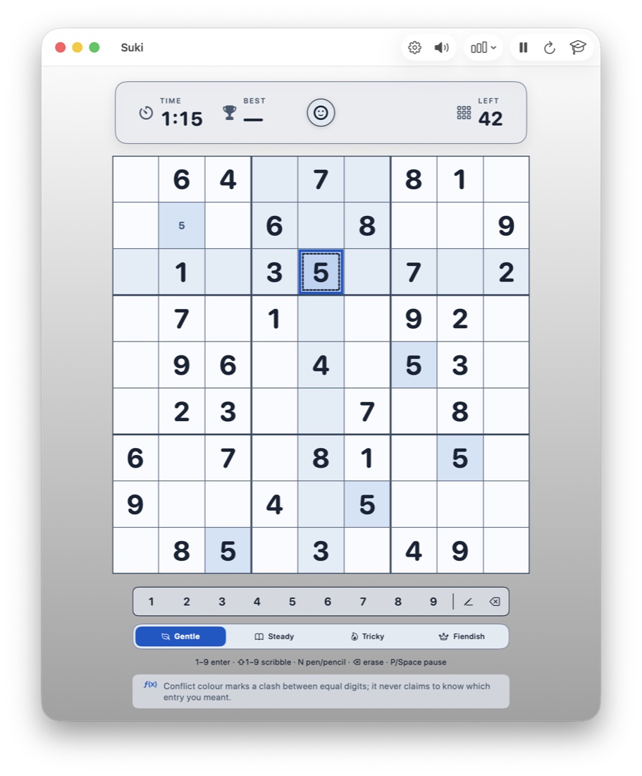 Suki in its light Modern theme during a Gentle game, with pen entries, pencil notes, highlighted related cells, and 36 cells left