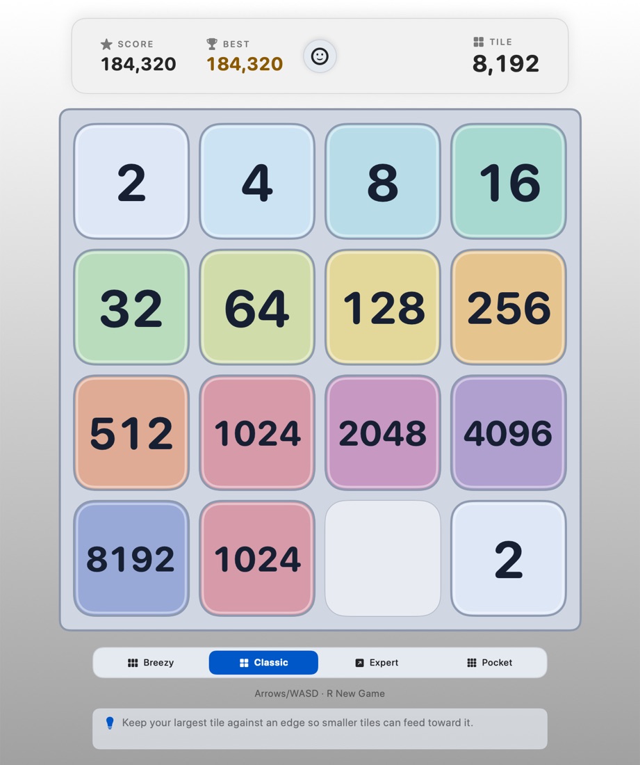 Tilly in its Modern theme during a game, with numbered tiles on the sliding board
